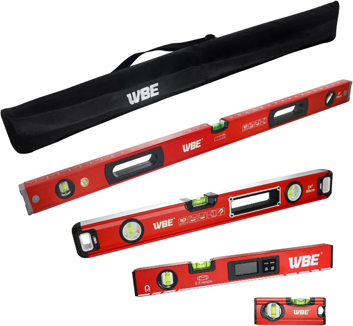 4-delige Waterpas Set met Digitaal Niveau en LCD Display - Aluminium Waterpassen
