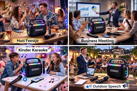 Eisenz EZ-V66 Draadloze Speaker met Microfoon - 120W - Bluetooth 5.0 - RGB Verlichting - 12000mAh Accu - Zwart - Karaoke Speaker van Merkloos — afbeelding 3