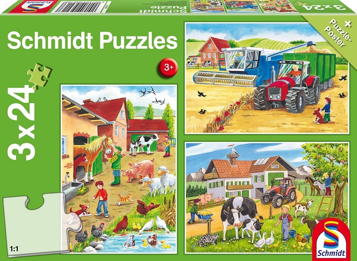 3-in-1 Boerderij Puzzelset met 3x24 Stukjes voor Kinderen vanaf 3 Jaar