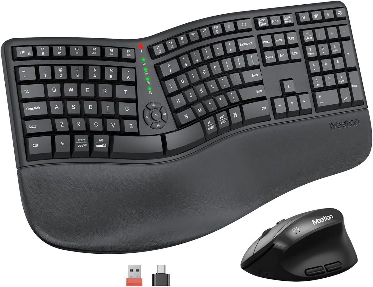 Meetion Director C2 - Ergonomische Toetsenbord en Muis Combo - Split Toetsenbord met Polssteun - Verticale Ergonomische Muis - 2.4 GHz Draadloos - DPI-Instelbare Muis - Comfort voor Langdurig Gebruik - Zwart
