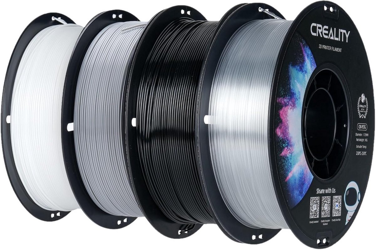 3D Printer Filament Set 1.75mm PETG PLA - Zwart, Wit, Grijs, Transparant - Hoogwaardig & Geurloos