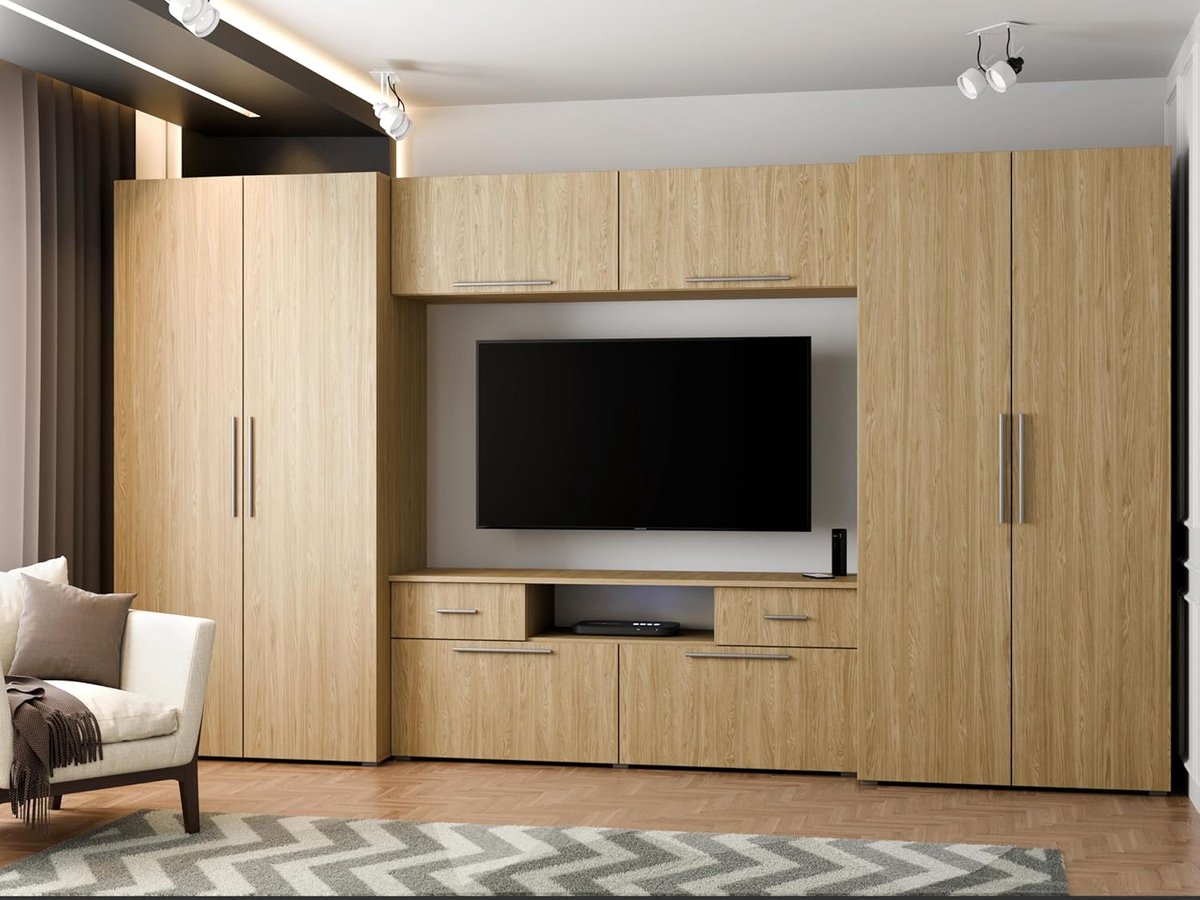 Wohnwand Wohnzimmer Schrankwand 330x189x54 cm – Modernes Zeus Premium Möbelset mit 2 Schränken, RTV-Sektion & abschließbaren Auszügen, Eiche Geölt – Abkantoor