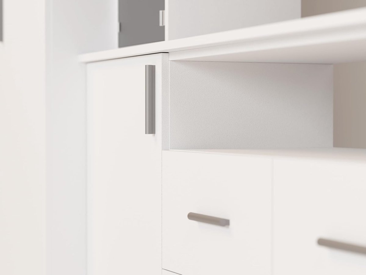 Kastwand 380 cm met RTV-lade, vitrinekasten en uittrekbaar hoofdeinde – Ruime, moderne witte wandmeubelset 54x380x240 cm – Abkantoor