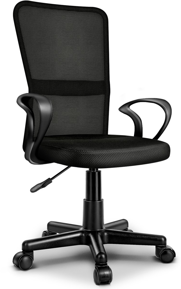 TRESKO® bureaustoel kantoorstoel draaistoel, met kunststof wielen, traploos in hoogte verstelbaar, gevoerde zitting, ergonomische vormgeving, SGS-geteste veer (zwart)