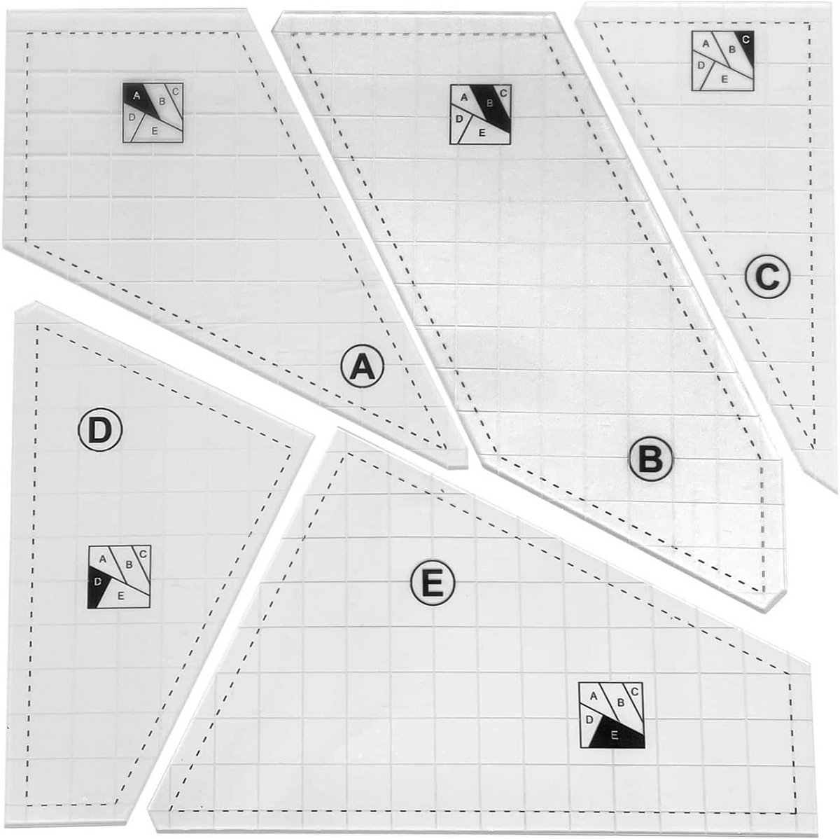 5-delige Set Quiltlinialen Acryl - Sjabloonset voor Nauwkeurig Quilten en Patroonsnijden