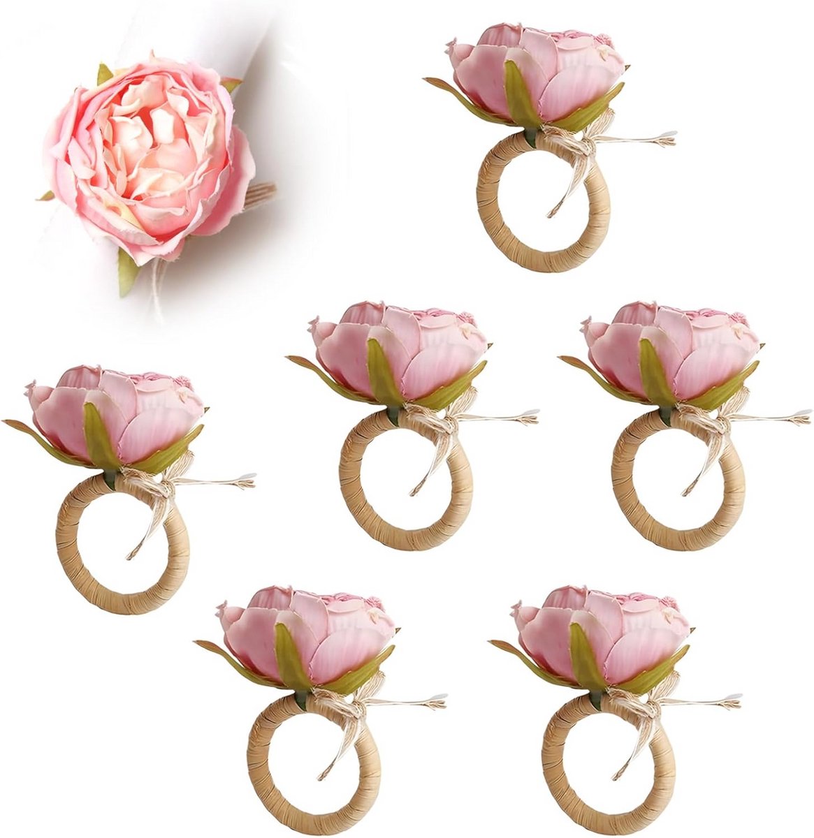 Set van 6 Servetringen met Roze Pioengebloemen en Raffia voor Tafeldecoratie