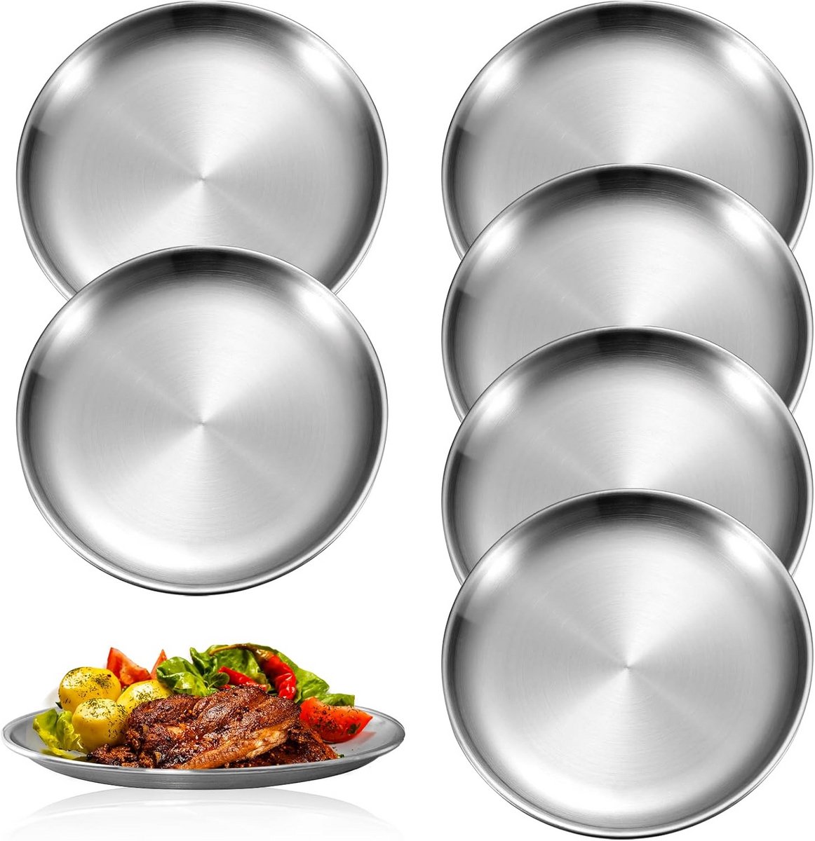 Set van 6 RVS Borden Rond 20 cm - Duurzaam Serveergerei voor Binnen en Buiten