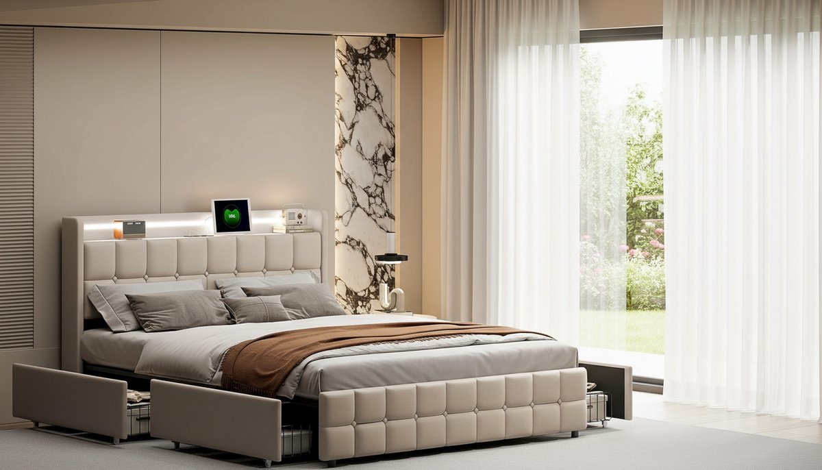 Gestoffeerd tweepersoonsbed 180x200 cm – Casa Velluto Luxe Opbergbed met 4 Laden, LED-Hoofdeinde met USB-C Oplaadfunctie, Lattenbodem van Hout, Linnen Bekleding, Modern Familie- en Tienerbed