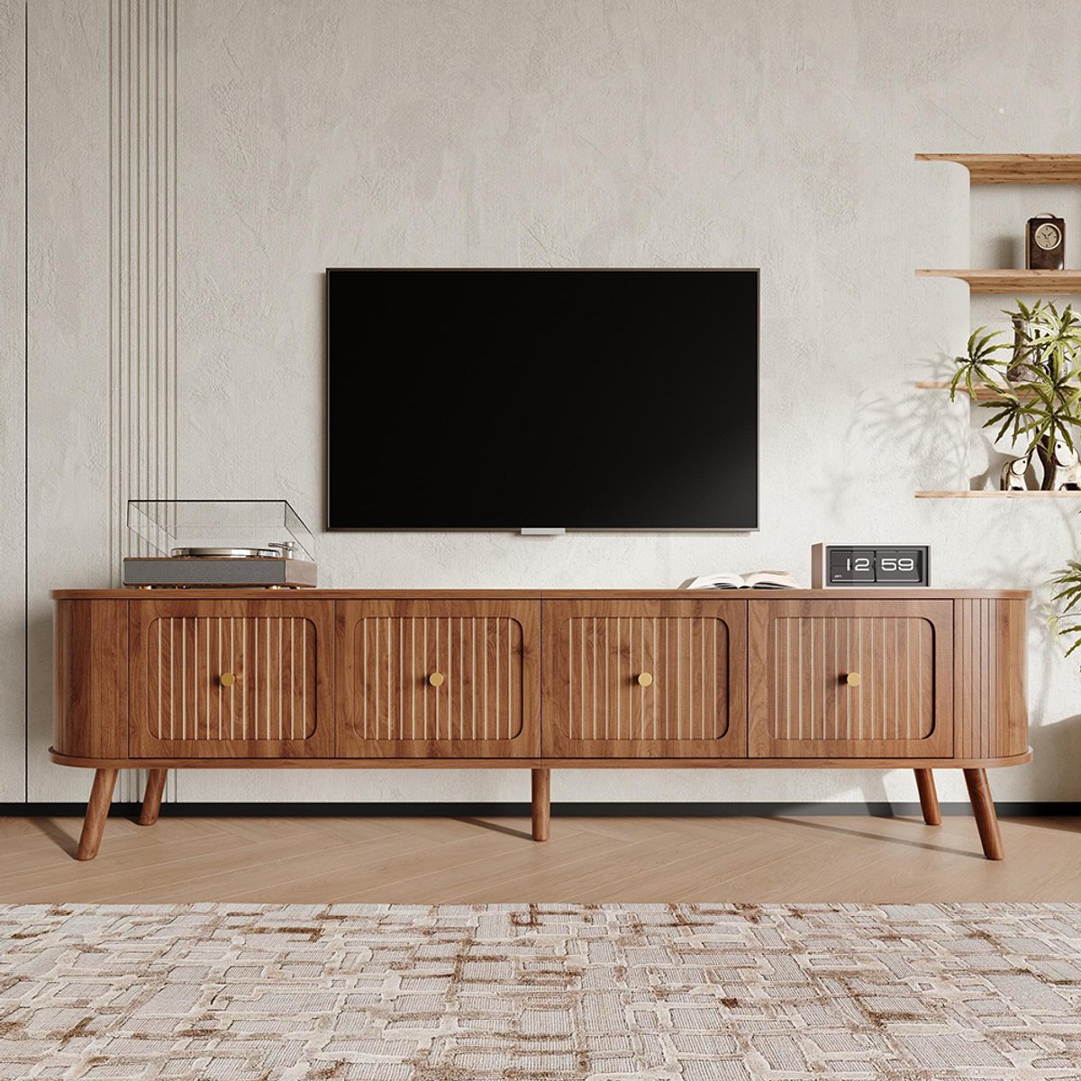 KOMHTOM BLACKCOLORS Moderne tv-kast, tv-standaard, tv-paneel, lage tv-standaard. Vier deuren, gouden handgrepen, houten poten, uniek ontwerp. 180 x 38 x 47 cm (L x B x H) Notenhout