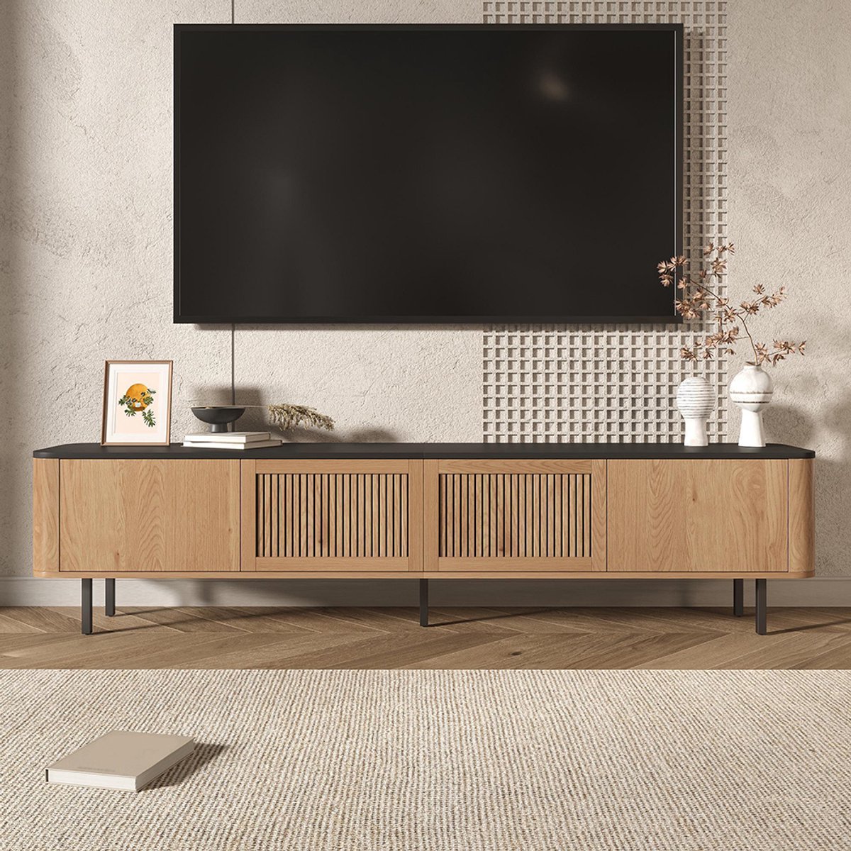 BLACKCOLORS Moderne tv-meubel, tv-standaard, tv-paneel, lage tv-meubel. Uniek ontwerp. 190 x 35 x 45 cm (L x B x H)