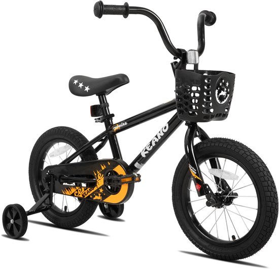 Zwarte kinderfiets met 14 inch wielen, mandje, zijwieltjes en oranje cirkel met bosdecoratie.