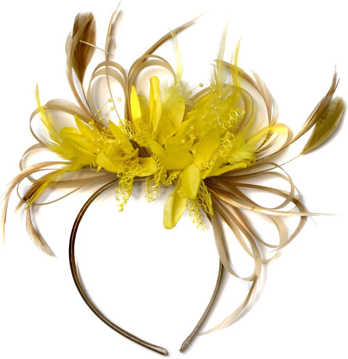 Feestelijke Hoofdband Fascinator Champagne Goud Beige Geel voor Bruiloft Races