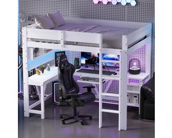 MODFU Hoogslaper 90x200 cm van MDF en grenenhout – wit – met bureau en LED-verlichting – voor thuisstudie