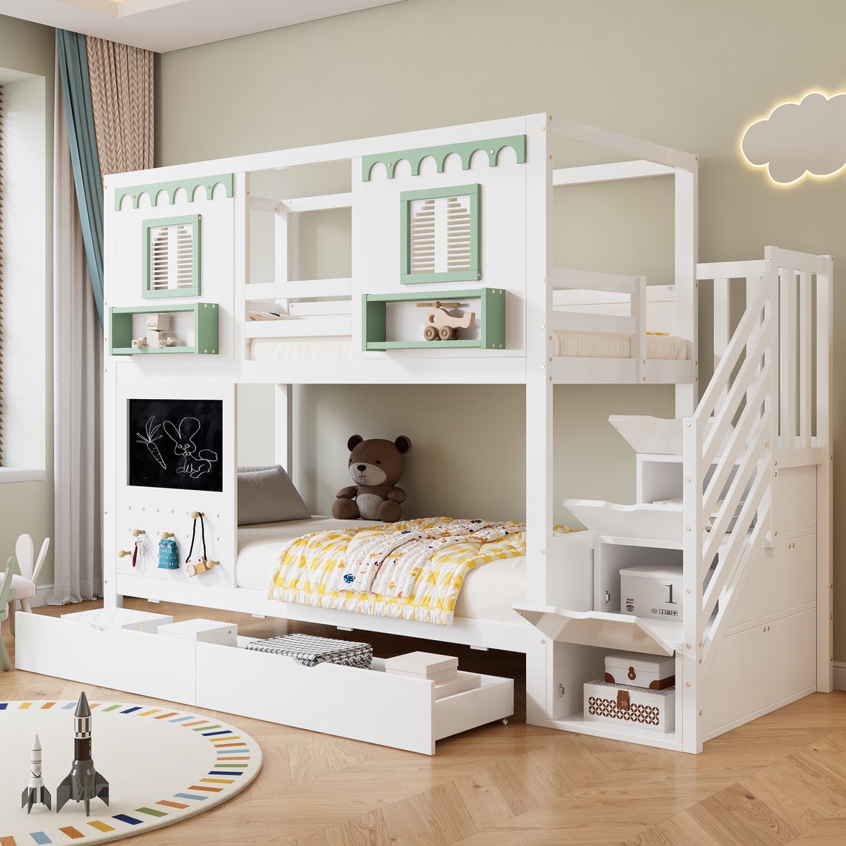 MODFU Kinder etagenbed 90x200 cm van massief hout en MDF, met opbergtrap, laden en lattenbodem