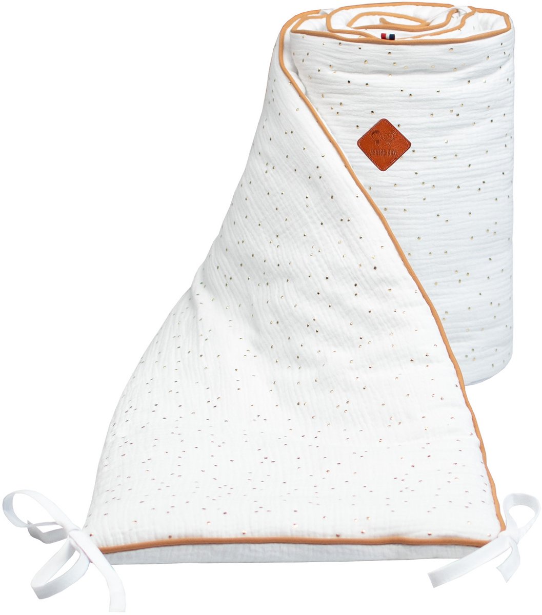 Sevira Kids - Omkeerbare ledikantbumper van katoenen mousseline - Wit met stippen of 210 x 30 cm