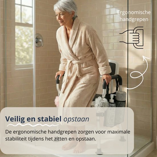 BY JRM® Douchestoel - Douchekruk - Incl. badset, douche puff en douchekophouder - Met Armleuning - Hoogte Verstelbaar - Antislip - Zwart