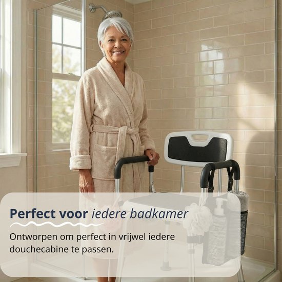 BY JRM® Douchestoel - Douchekruk - Incl. badset, douche puff en douchekophouder - Met Armleuning - Hoogte Verstelbaar - Antislip - Zwart
