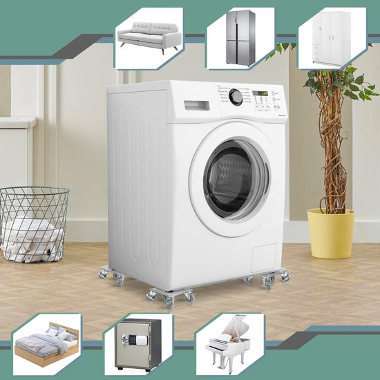 Wasmachine op vier meubelrollers. Inzetbeelden: bank, koelkast, kast, bed, kluis, piano.