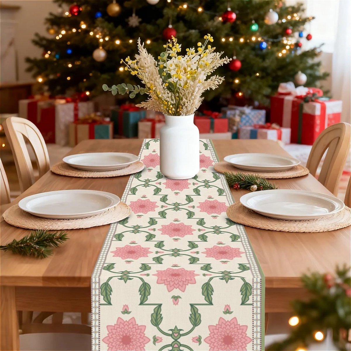 Wasbare Linnen Tafelloper met Roze Bloemenpatroon - Rustieke Tafeldecoratie 184x34 cm
