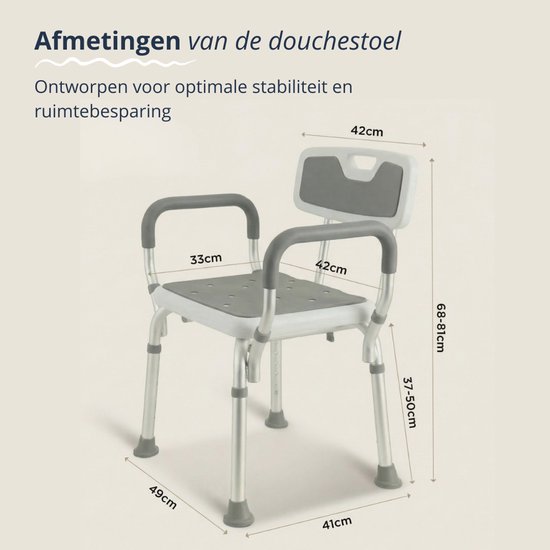 BY JRM® Douchestoel - Douchekruk - Incl. badset, douche puff en douchekophouder - Met Armleuning - Hoogte Verstelbaar - Antislip - Grijs