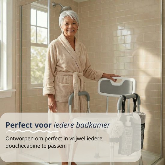 BY JRM® Douchestoel - Douchekruk - Incl. badset, douche puff en douchekophouder - Met Armleuning - Hoogte Verstelbaar - Antislip - Grijs