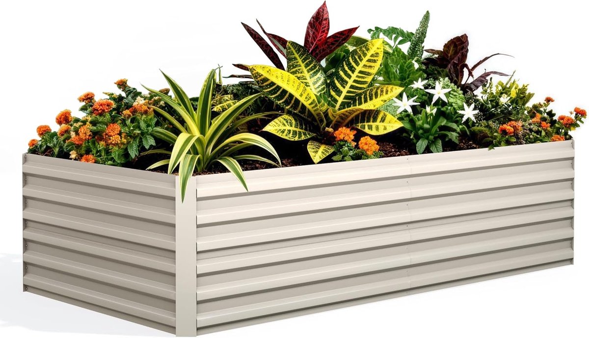 HoerFuriy Verhoogde Moestuinbak - 183x91x61 cm - XXL Metalen Plantenbak - Gegalvaniseerd Staal - Voor Groenten, Bloemen & Kruiden - Beige