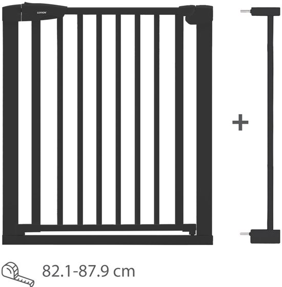 Barrière de sécurité noire avec barreaux verticaux et fixation par pression, convient pour 82.1-87.9 cm.