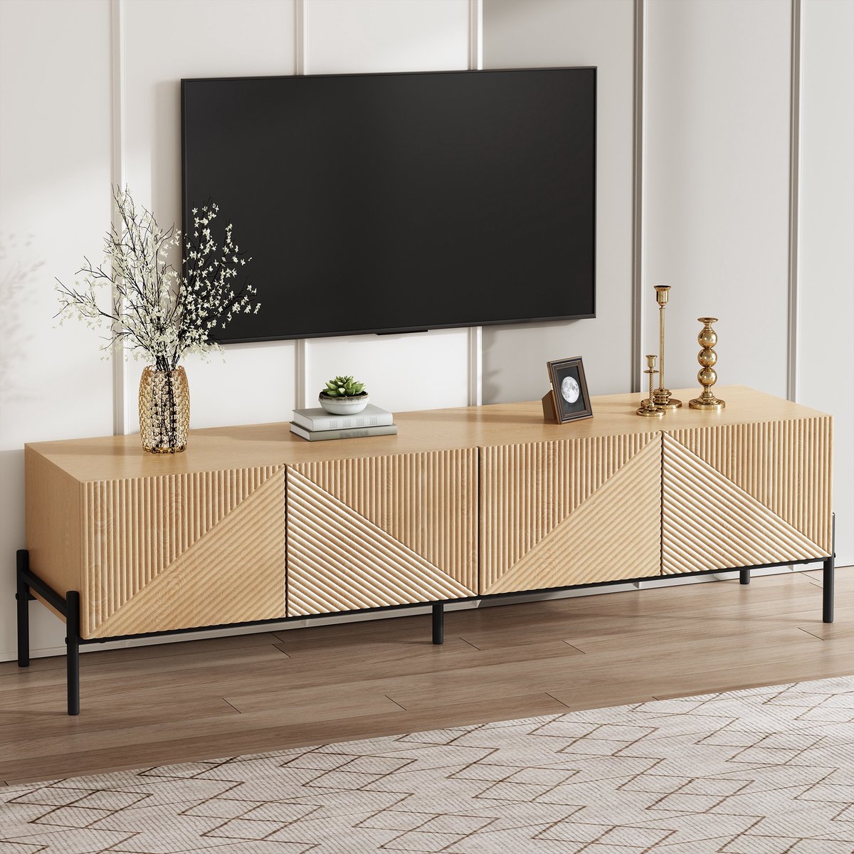 PHOEBE CAT TV-kast - Gestreepte design - Houtnerf - Metalen poten - Natuurlijke