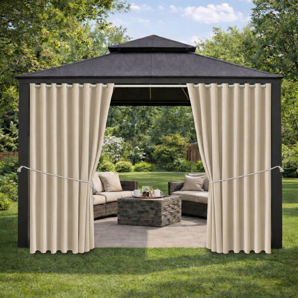 Qelus 2 Stuks Extra Breed Buitengordijnen Waterdicht 180cm - Outdoor Gordijn Verduisterend - Weerbestendig Balkongordijn - Rideau Extérieur Imperméable - 180x244cm - Beige