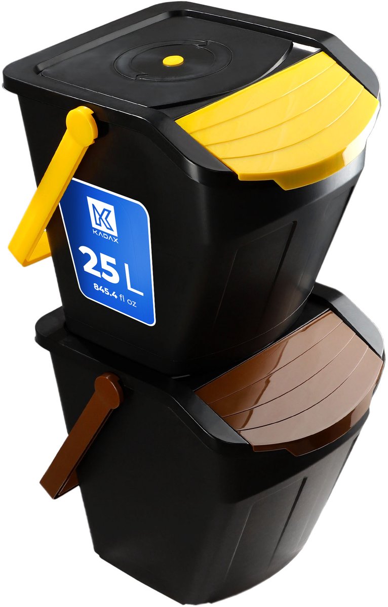 Recycling-emmer, 25 liter afvalemmer/prullenbak met deksel - afvalemmerset voor gemakkelijke afvalscheiding, afvalverzamelaar, afvalscheider voor biologisch afval, papier, glas - 2x25L KADAX