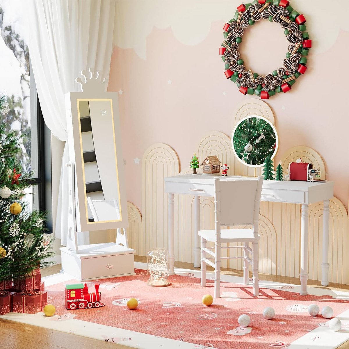 Garvee Kids sieradenkast, staande sieradenorganizer met passpiegel, 3 opberglades, kinderspiegelkast voor meisjes om zich te verkleden