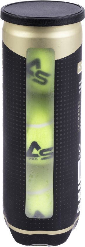 Zijkant van een zwarte en gouden koker met een venster dat drie groene padelballen met 'LS PRO' logo laat zien.