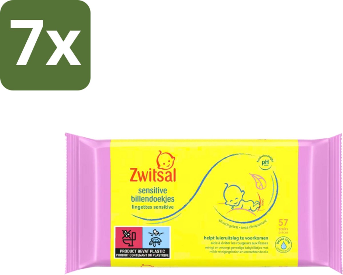 7 x Zwitsal - Babyverzorging - Billendoekjes Sensitive - Voor de Gevoelige Babyhuid - 57 Doekjes - Babybillen - Luieruitslag - Zwitsal Doekjes - Gevoelige Huid - Billetjes Verzorging