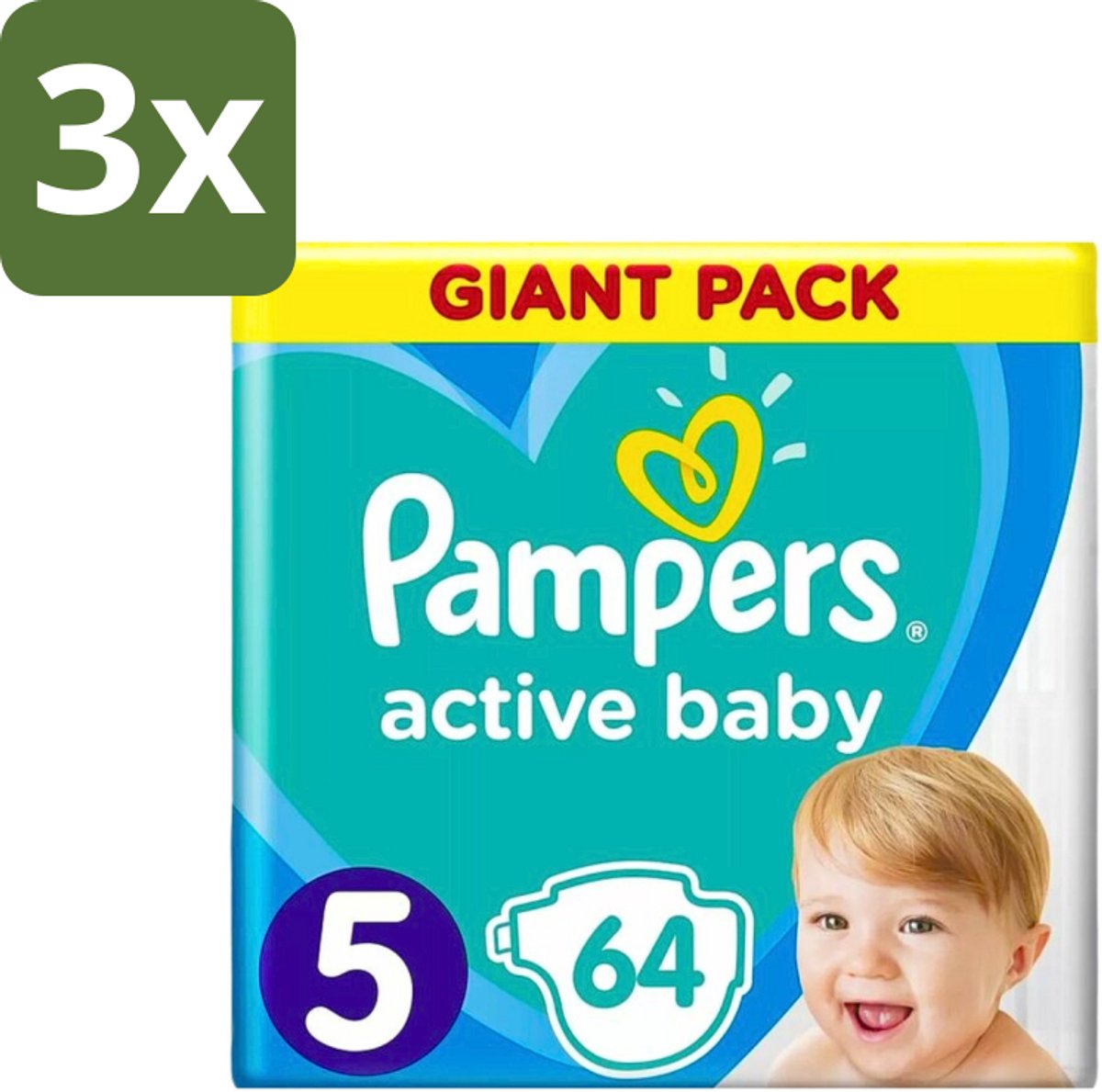 Pampers - Active Baby - Luiers - Maat 5 (11-16 kg) - Zachte Pasvorm - 64 Luiers - Bulkverpakking - 3 stuks