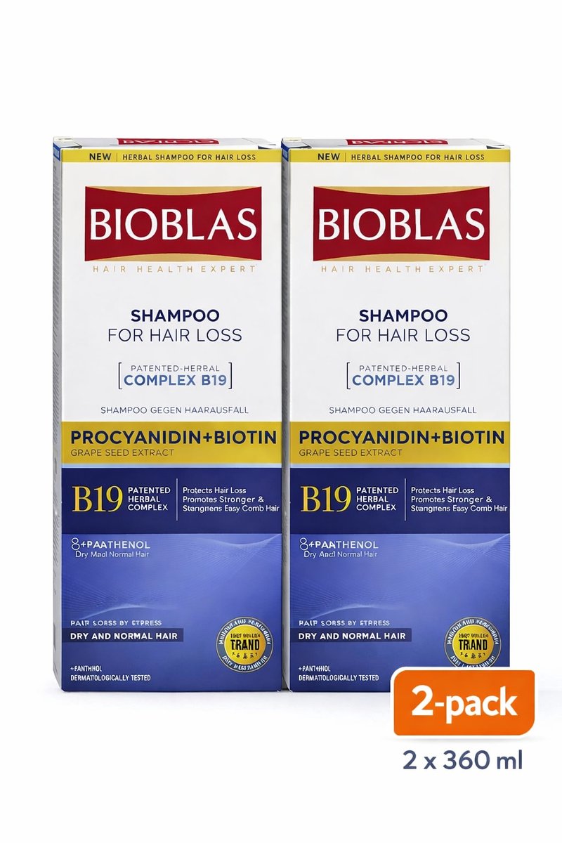 Bioblas Anti Hair Loss Shampoo B19 – 2-Pack (2x360 ml) – With Biotin & Procyanidin – Dry & Normal Hair