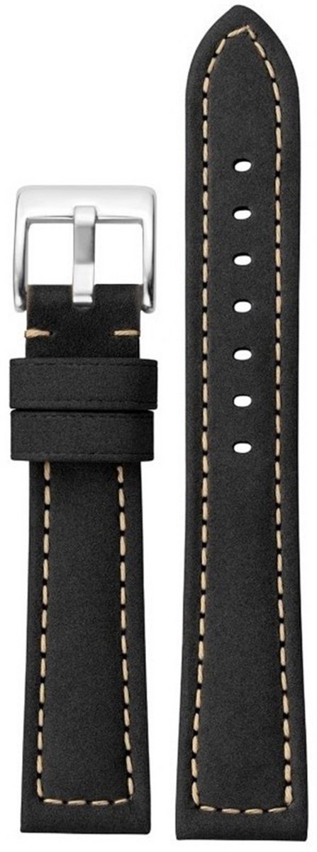 horlogeband-horlogebandje-22mm-echt leer-ZWART-zwart- wit stiksel-zacht-soepel-stalen gesp-22 mm