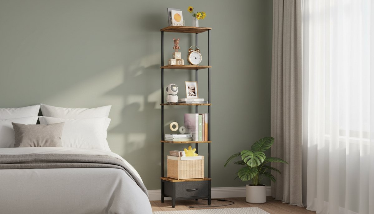 Hoekboekenkast met Lade en LED Verlichting – Casa Velluto Lumina Corner XL 191 cm – Smalle Hoekplank 6 Niveaus – Moderne Boekenkast met Stoffen Lade – Wit Metaal & Hout – Voor Woonkamer, Slaapkamer en Kantoor