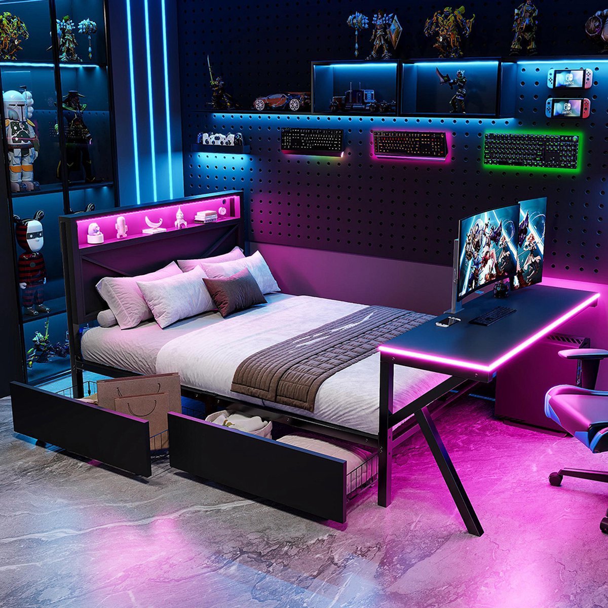 BLACKCOLORS Metalen gamingplatformbed 140x200 cm met LED-hoofdbord, LED-bureau, USB-poort en twee lades, zwart