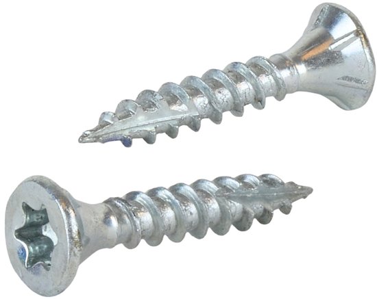 Twee verzinkte spaanplaatschroeven met platte kop, scherpe punt en Torx 20 aandrijving.