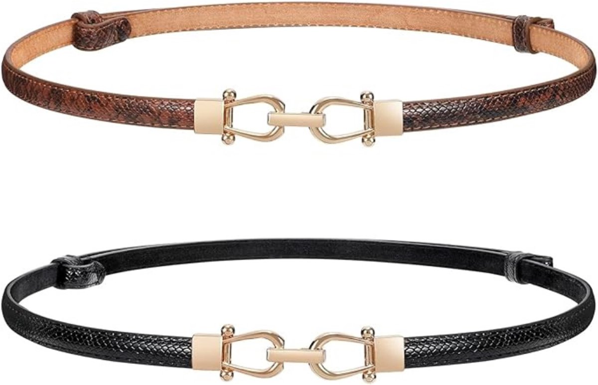 Leren Riem voor Dames - Dunne Lederen Riem met Gouden Gesp - Stijlvol Cadeau voor Dagelijks Gebruik - 109 cm - 2 Stuks - A / Zwart-Bruin - van Imperatoris
