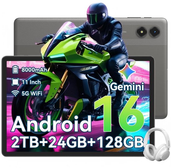 TABWEE Tablet - T50 Tablet - met over-ear hoofdtelefoon - 24GB RAM - 128GB ROM - Android 16 - 11 inch - 8000mAh - WIFI Tablet - OTG - Grijs