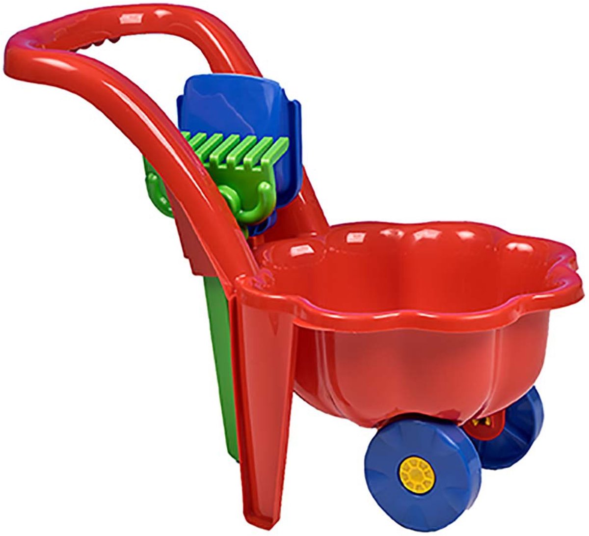 BAYO Daisy kinderkruiwagen met schep en hark rood - Speelgoedkruiwagen