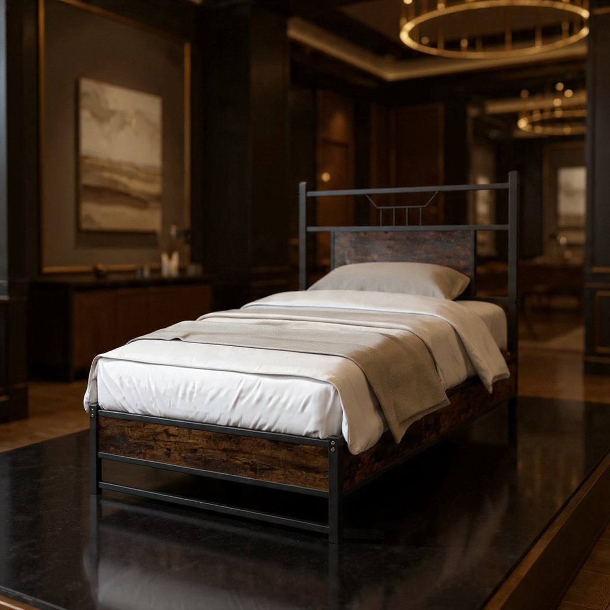 Modern Stalen Bed met Hoofdbord en Opbergruimte – Rook Eiken Look – 196 x 80,5 x 91,5 cm – Stevig en Duurzaam Met Lattenbodem voor Optimaal Slaapcomfort - House&Garden