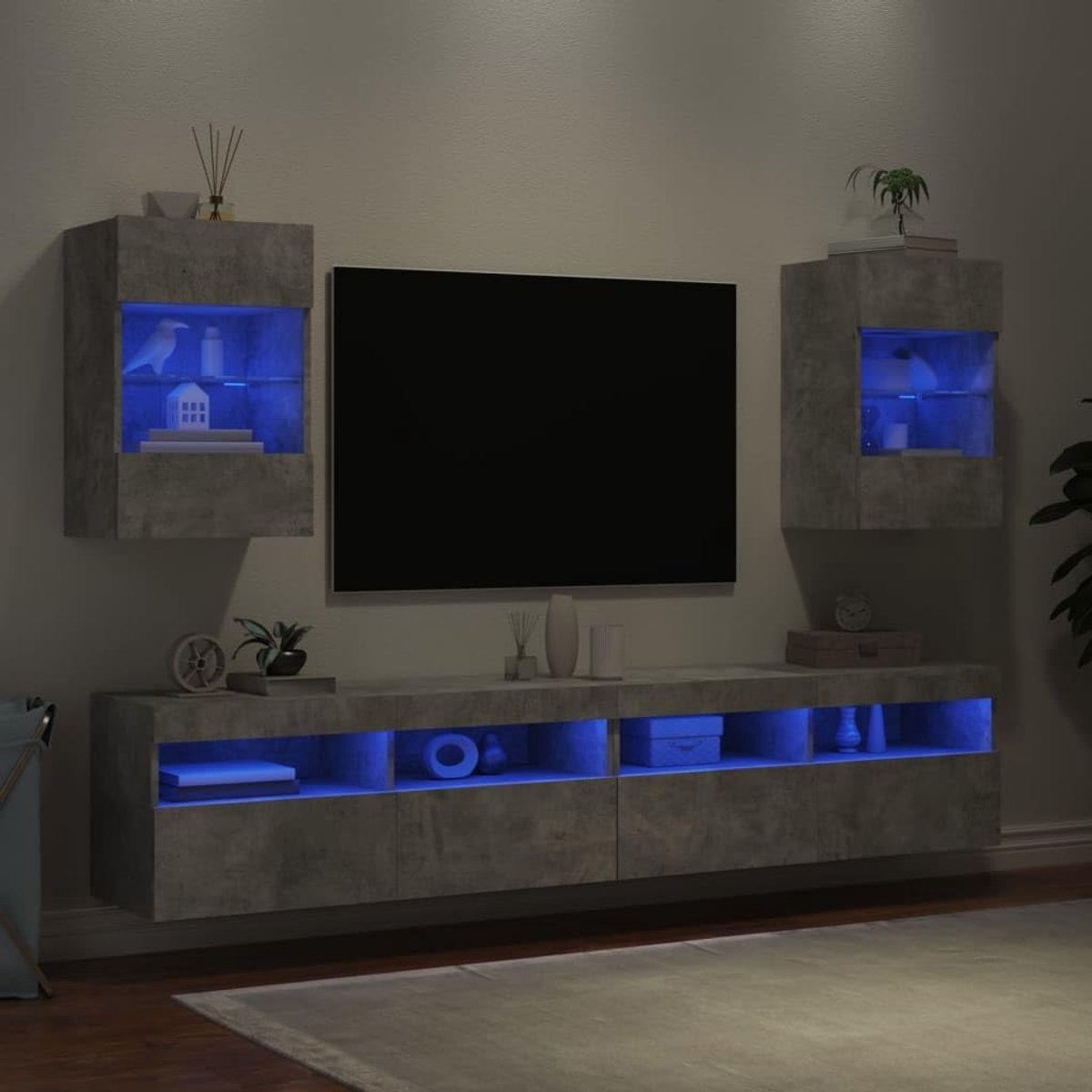 TV-wandmeubel met RGB LED verlichting 40 x 30 x 60,5 cm – Moderne wandkast met veel opbergruimte voor woonkamer en slaapkamer – Betongrijs – Wandmontage mogelijk – Abkantoor