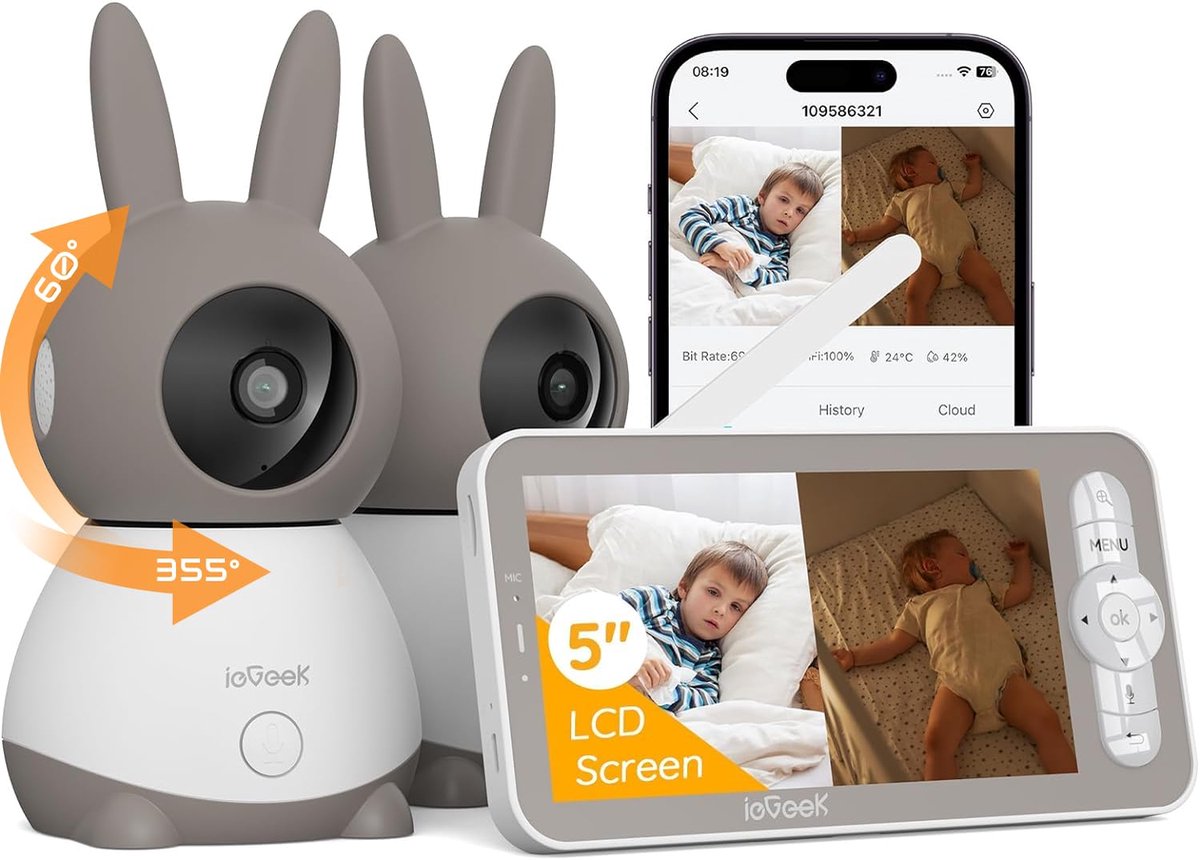 ieGeek 2K Babyfoon Met 2 Camera's - 5.0 Inch HD Baby Monitor - Split screen - WiFi-Smartphone - Nachtzicht - Bewegings- Huil Detectie - Tweewegcommunicatie - Temperatuur -Vochtigheidssensor