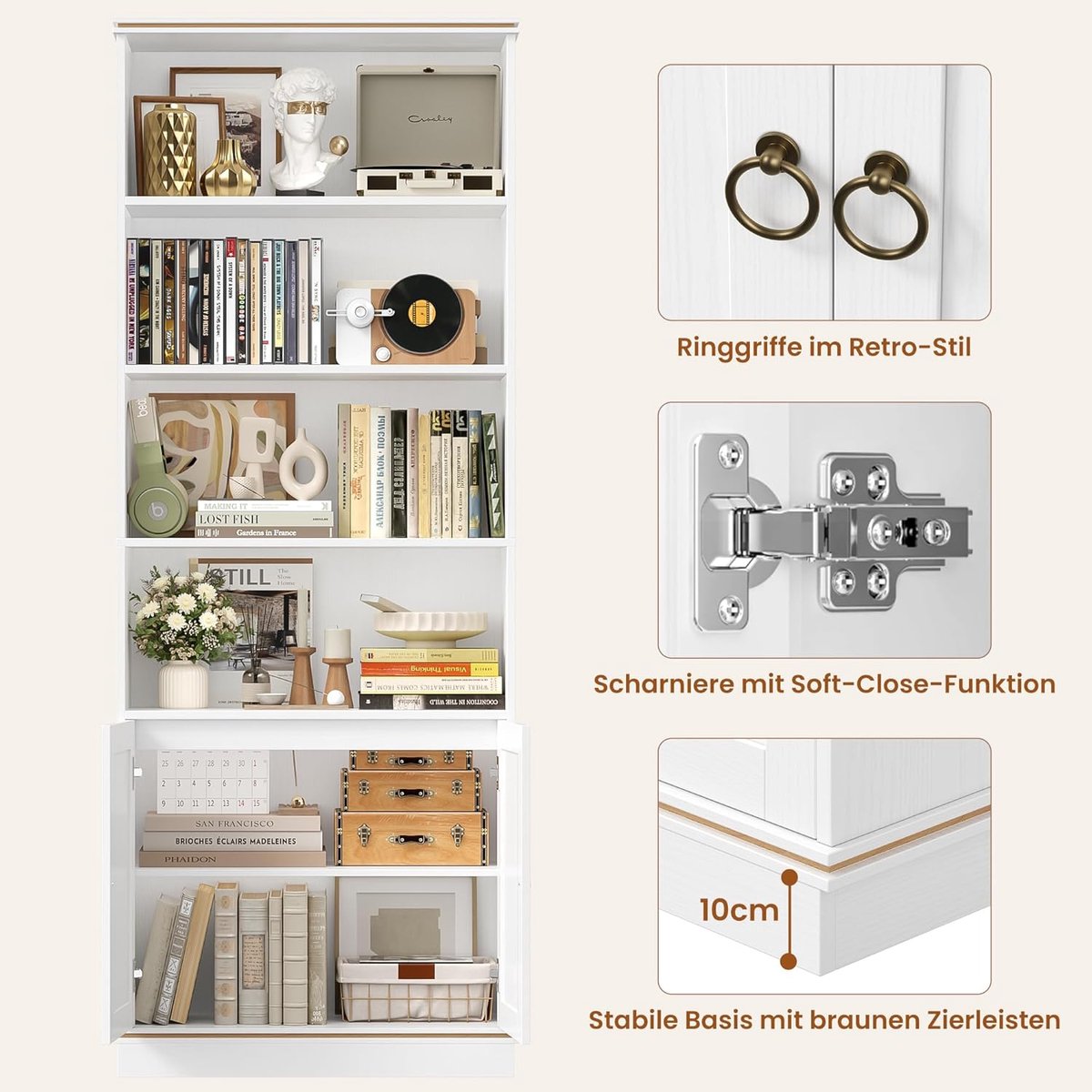 Boekenkast met Deuren 188 cm – Casa Velluto Retro Elegance – 7-laagse Vrijstaande Boekenkast met Open Vakken en Natuurlijke Houtnerf – Woonkamer, Kantoor en Werkkamer – 188x60x30 cm, Wit