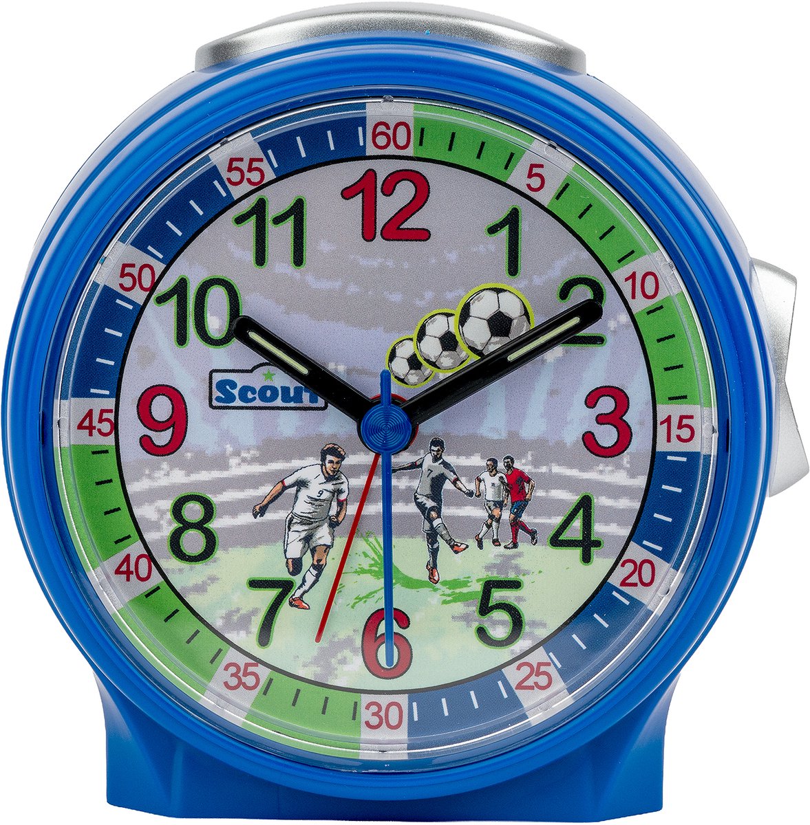 Scout Wecker analog mit blauem Gehäuse, buntem Lernziffernblatt und Fussball-Motiven