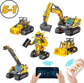 Vijf gele robots, waaronder een transformerende robot, een graafmachine, een bulldozer en een kraan. Met app en controller.