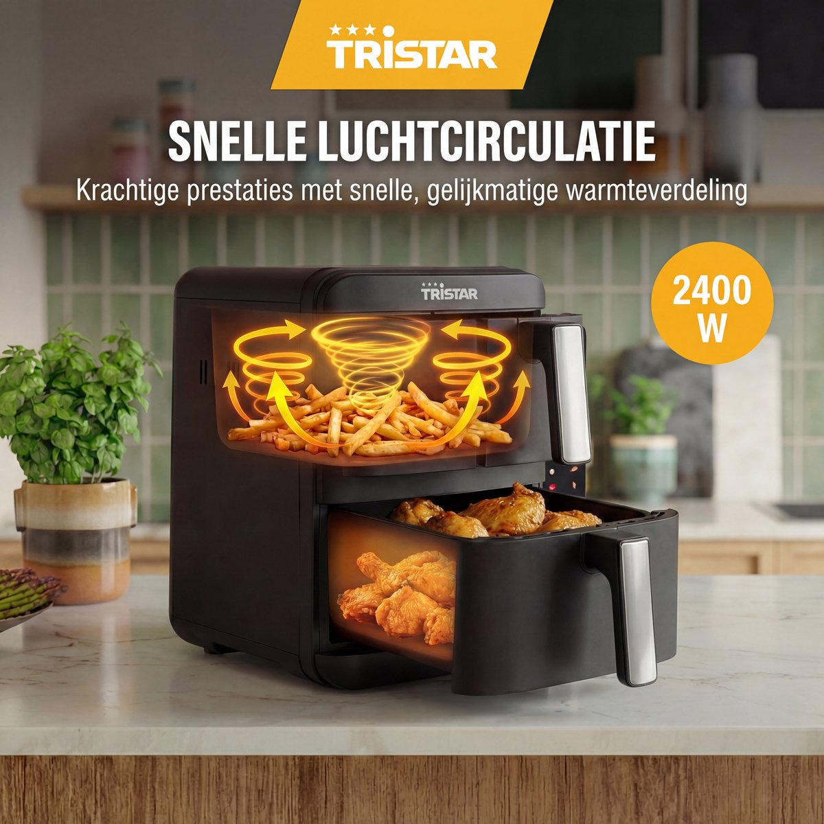 Tristar FR-9074 - Stack airfryer XXL - 9L - 2 onafhankelijke kookzones - Dubbele gestapelde lades - 8 kookprogramma's - 2400W - PFAS-vrij - Bespaart 45% Ruimte - 6 personen — afbeelding 4