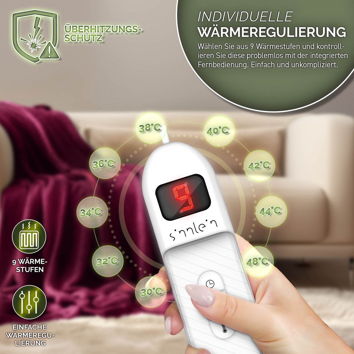 Sinnlein Elektrische Deken Wijnrood 180 x 130 cm met - afbeelding 2